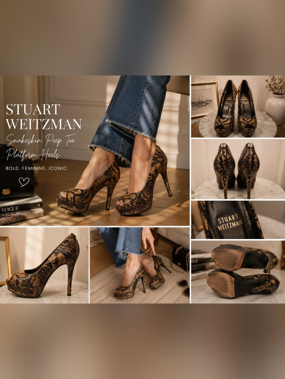 Stuart Weitzman Snakeskin Peep Toe Platform Heels Size 8M